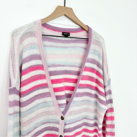 Torrid Acrylic V-Neck Button Front Cardigan Multi Stripe Pink size 3 3X - Picture 3 of 5